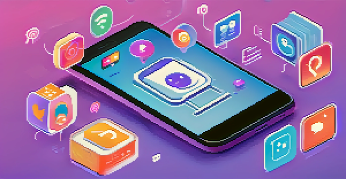 A smartphone displaying a chatbot interface with colorful social media icons in the background, set against a blue and purple gradient.