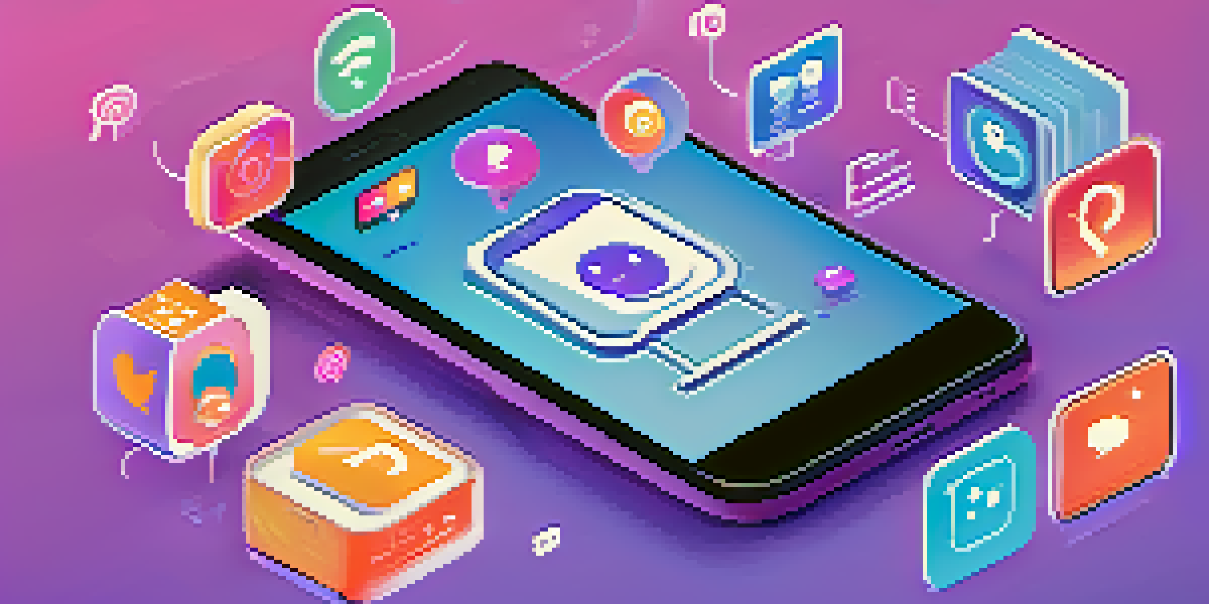 A smartphone displaying a chatbot interface with colorful social media icons in the background, set against a blue and purple gradient.