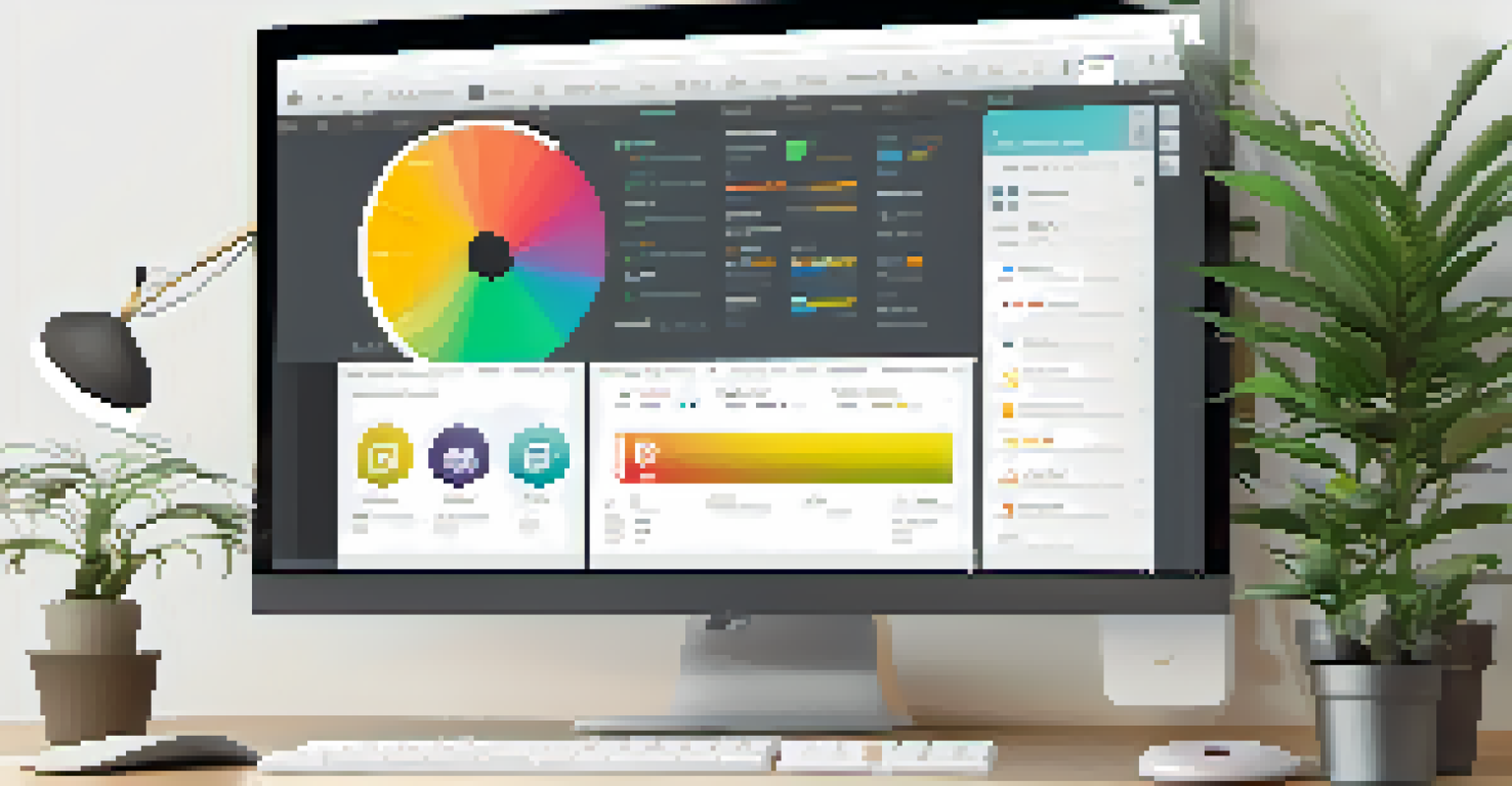 A computer screen showing an open source CMS interface with a colorful customizable dashboard on a stylish desk.