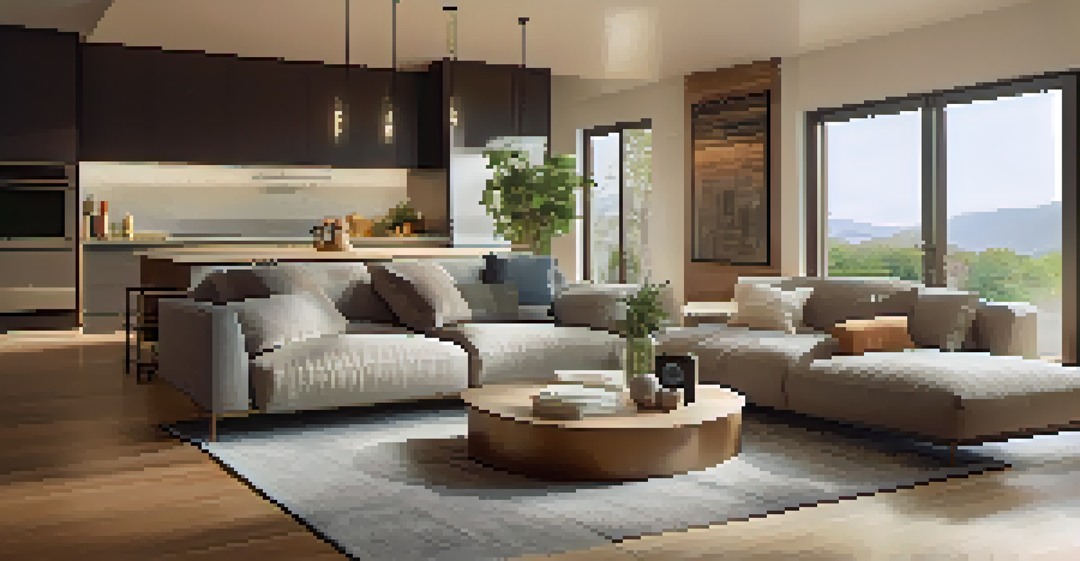 A modern living room in a smart home, showcasing AI technology with a thermostat adjusting settings and a family relaxing on a sofa.