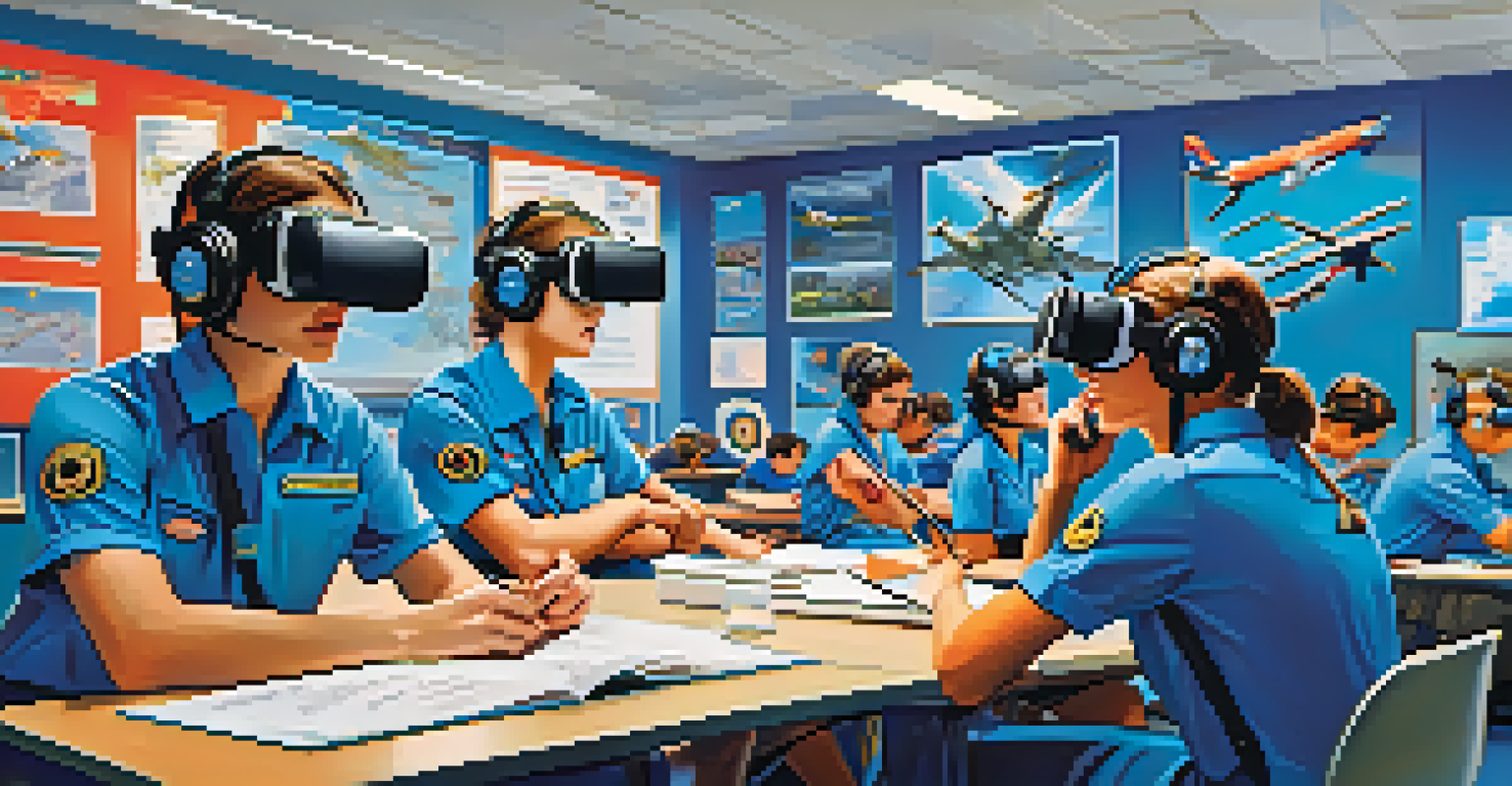 A group of aviation trainees in a classroom, all wearing VR headsets and practicing emergency procedures in a colorful environment.