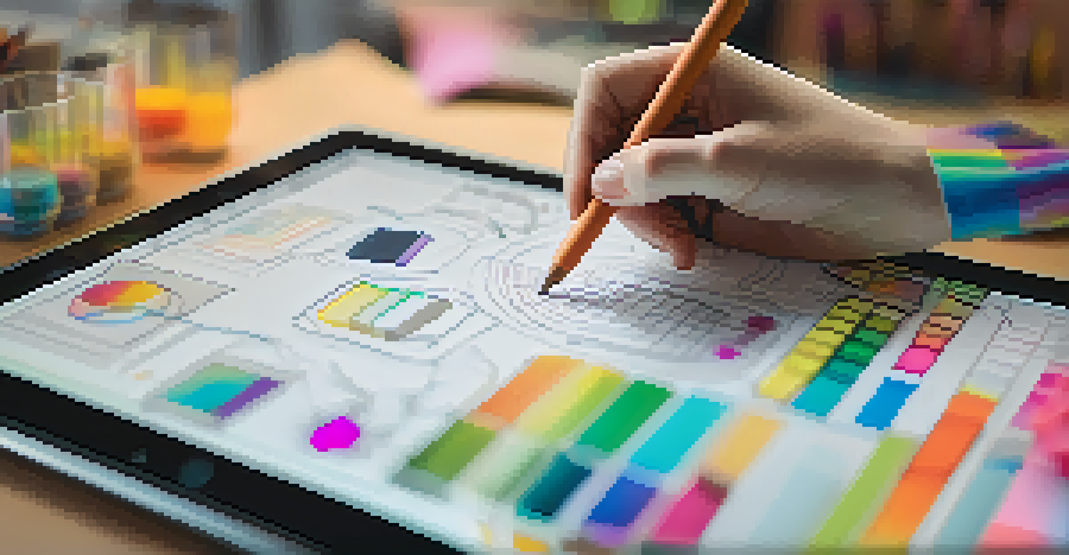 A close-up of hands sketching user interface designs on a tablet, with design tools like pens and sticky notes in a softly blurred background.