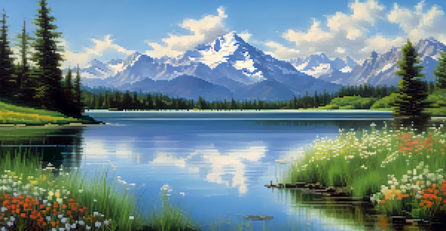 A peaceful lake reflecting mountains, with blooming wildflowers in the foreground under a blue sky.
