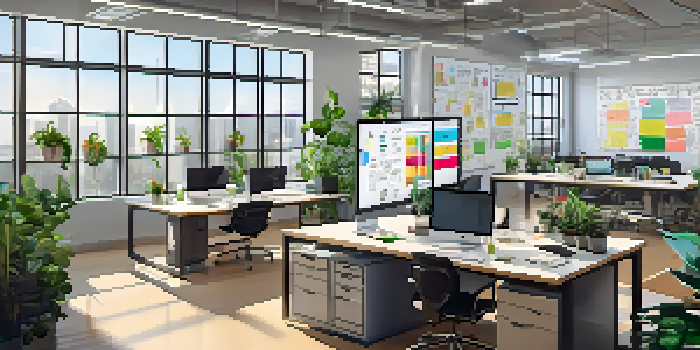 A bright and modern office workspace with a large desk, plants, and a diverse team collaborating around a central table.