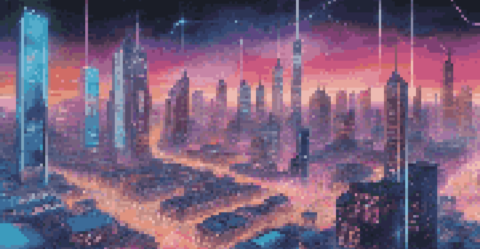 A futuristic city skyline with holographic visuals representing AI integration in low-code development and teamwork.