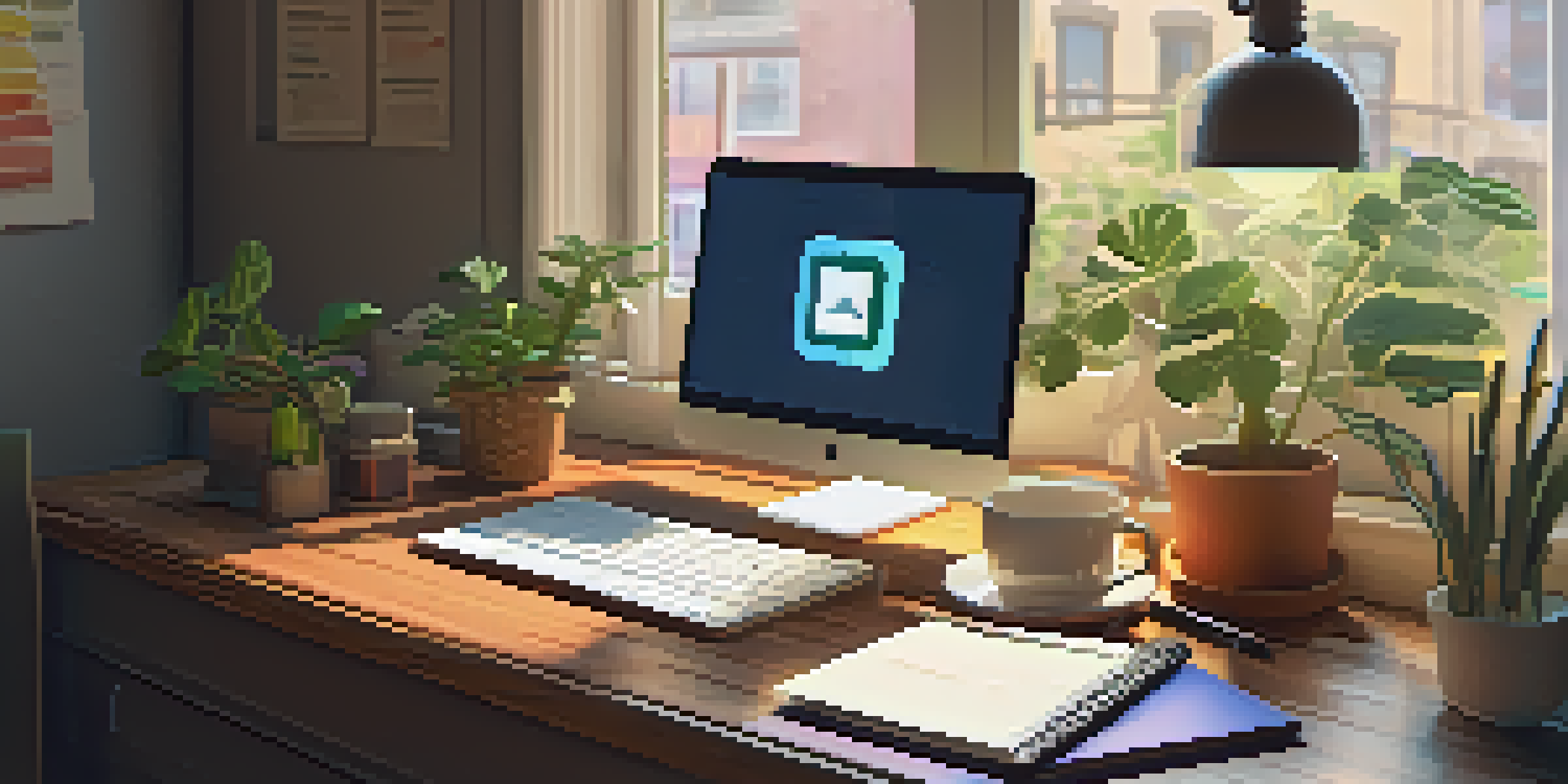 A warm and inviting workspace with a wooden desk, a laptop showing an email marketing dashboard, a cup of coffee, and a potted plant.