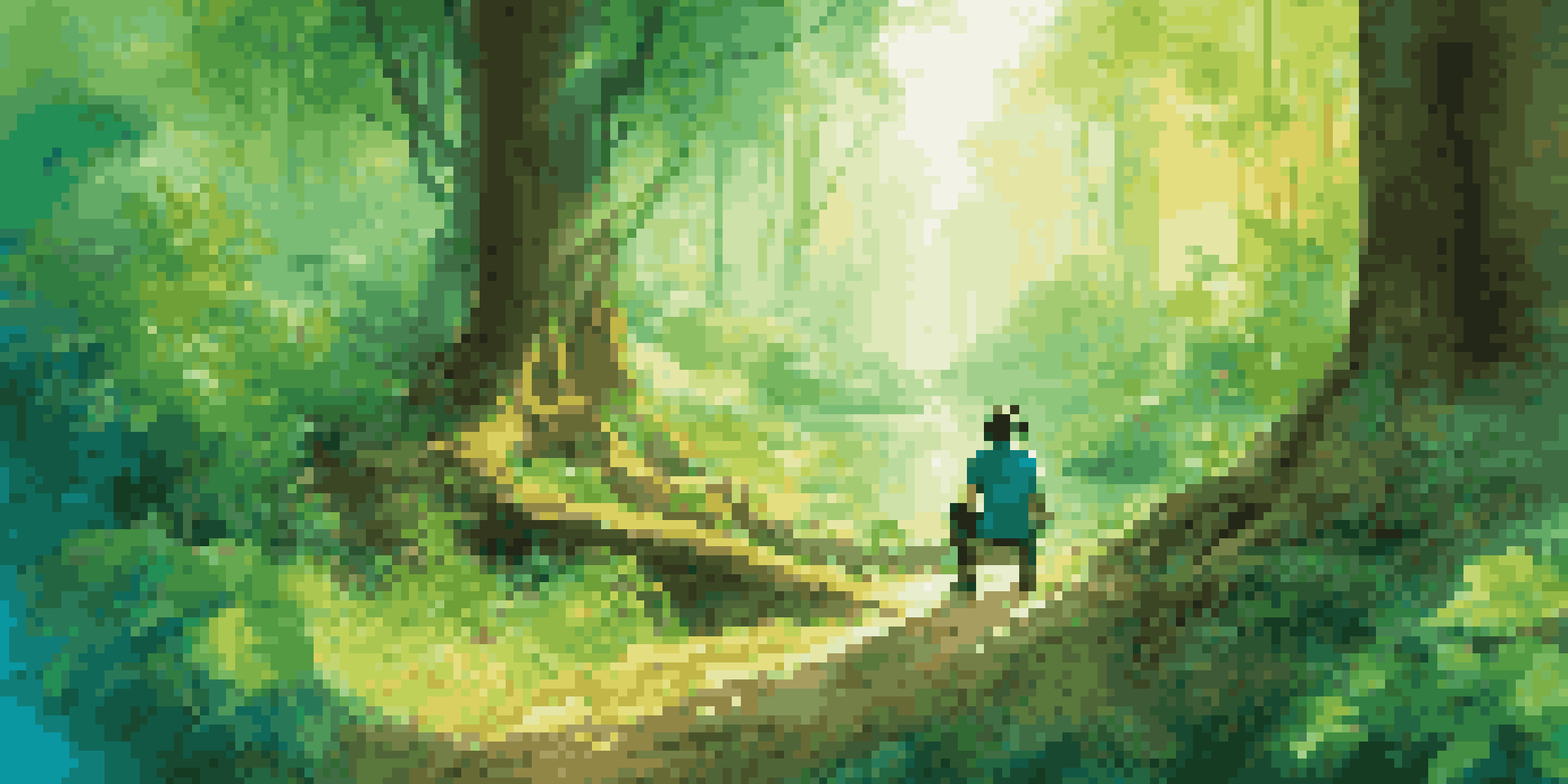 A gamer wearing virtual reality goggles sits on a log in a vibrant green forest, immersed in a lush virtual world filled with plants and sunlight.
