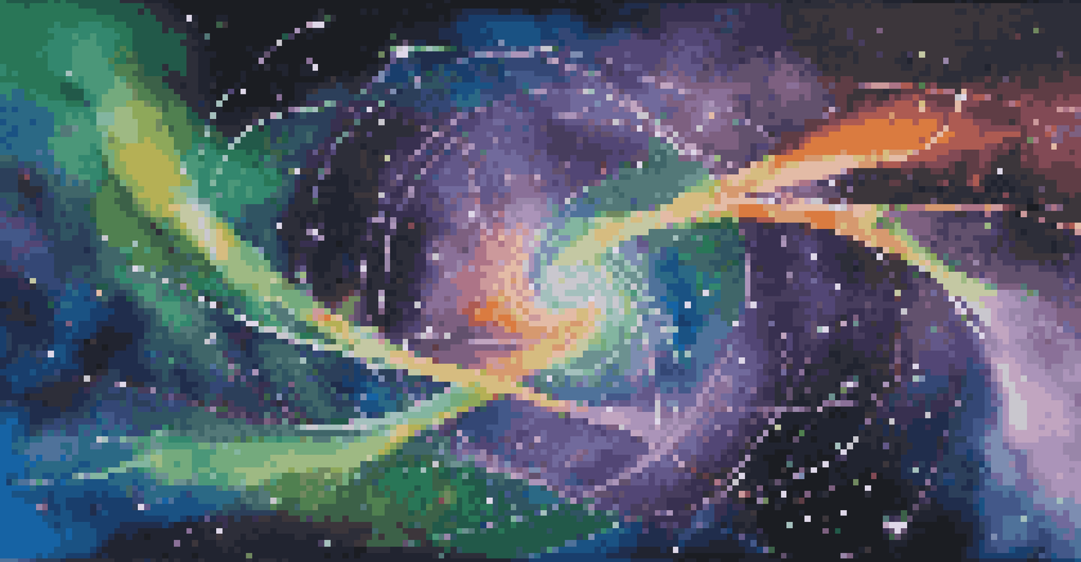 An abstract image of quantum entanglement with swirling colors and interconnected particles in a dark cosmic background.