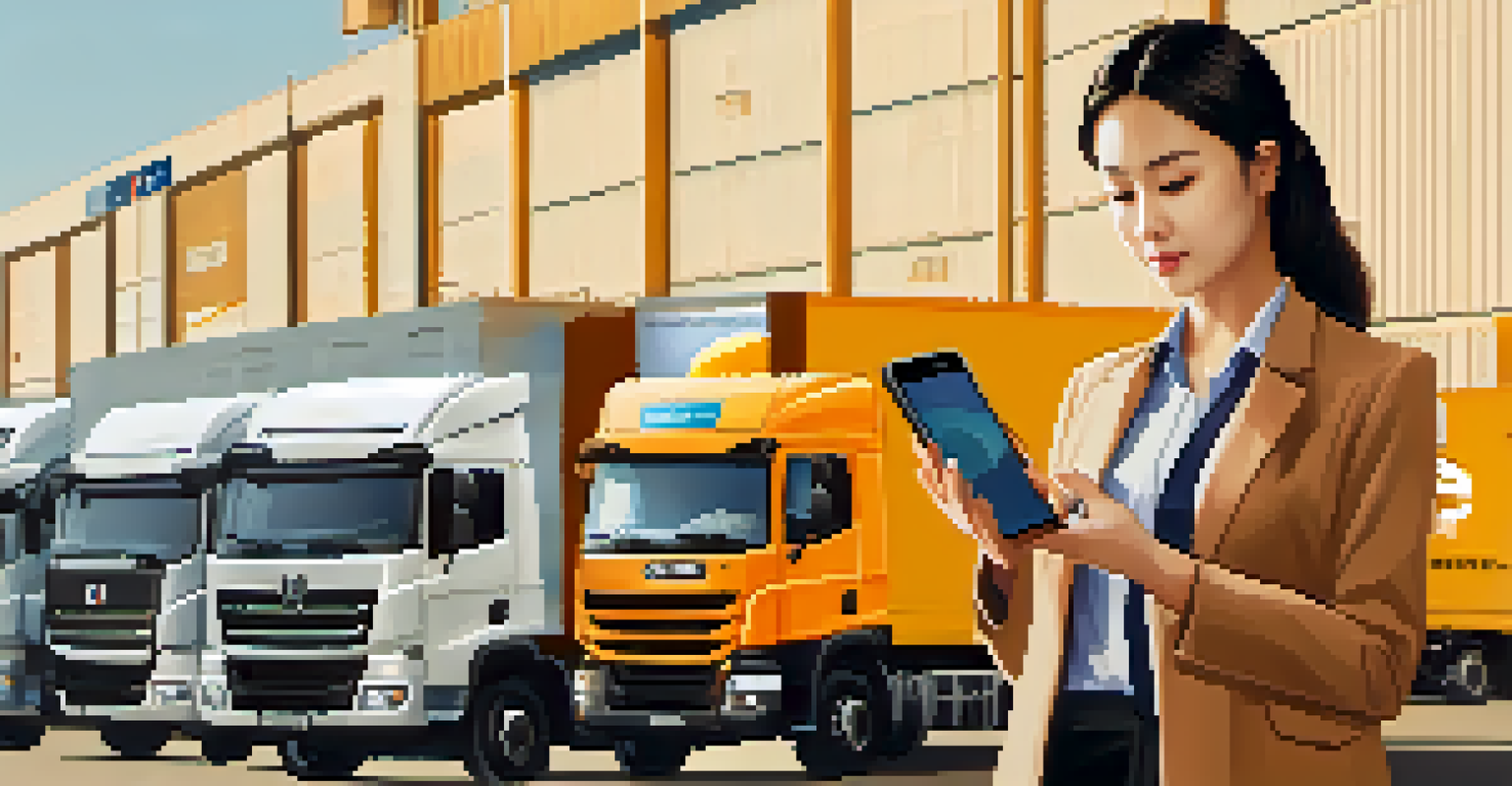 A logistics manager on a phone tracking a shipment outdoors, with a delivery truck and a warehouse in the background, showcasing the role of mobile technology in supply chain communication.