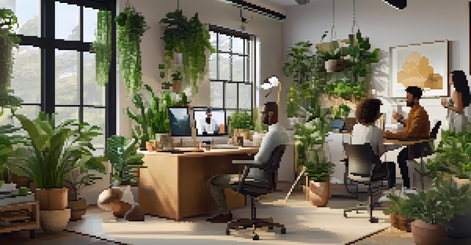 A video call with diverse remote workers in eco-friendly home office settings, showcasing collaboration and sustainability.