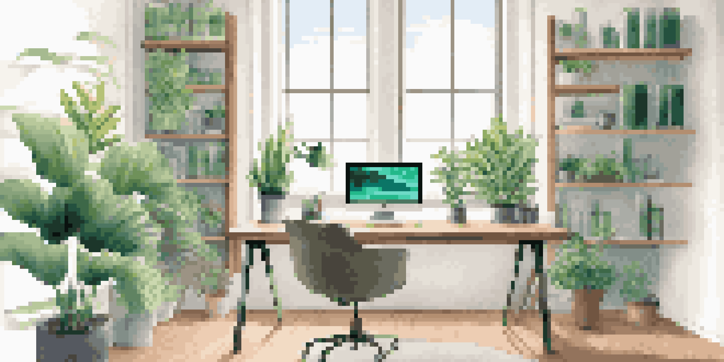 A modern office workspace with a computer, a green plant, and natural light coming through a window.