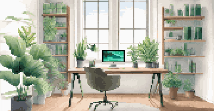 A modern office workspace with a computer, a green plant, and natural light coming through a window.