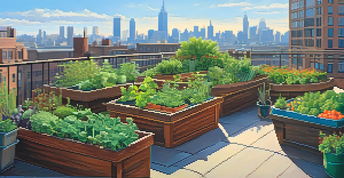 An urban rooftop garden featuring colorful vegetables and herbs with a city skyline in the background under a sunny sky.