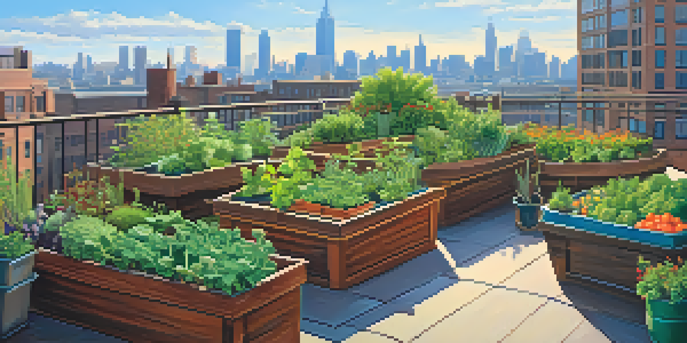 An urban rooftop garden featuring colorful vegetables and herbs with a city skyline in the background under a sunny sky.