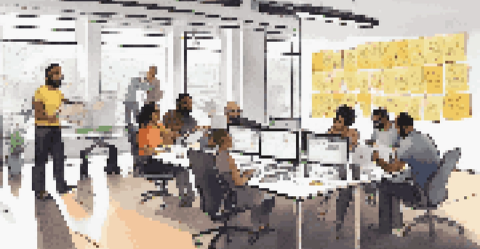 A group of diverse software developers collaborating at a conference table with laptops and sticky notes, surrounded by posters of agile methodologies.