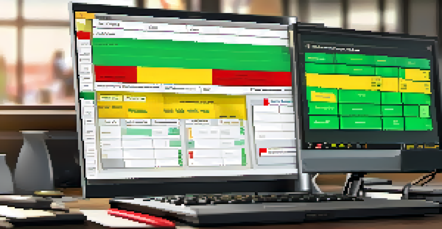 A close-up of a computer screen showing a ticketing system interface with incident tickets and colorful status indicators, set in a warm desk environment.