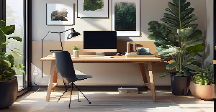 A bright and inviting modern workspace with a laptop on a sleek desk, plants around, and design sketches scattered, illuminated by natural light.