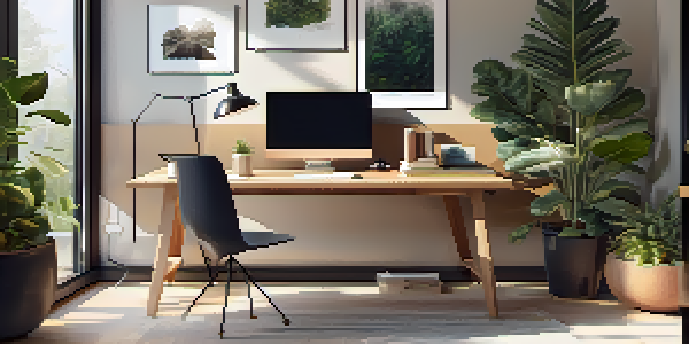 A bright and inviting modern workspace with a laptop on a sleek desk, plants around, and design sketches scattered, illuminated by natural light.