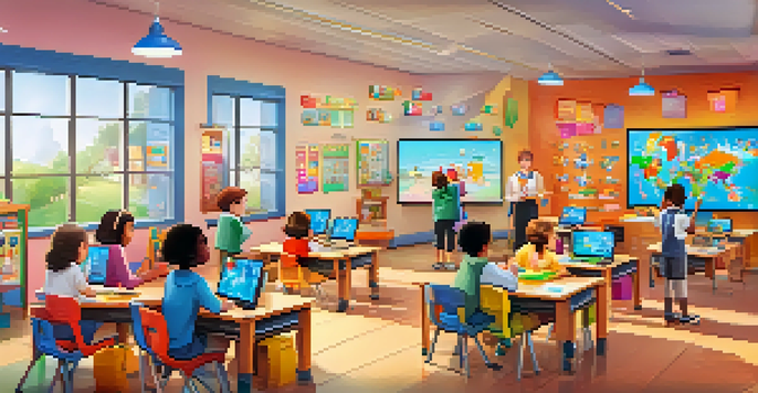 A diverse group of students engaged in a lively classroom, participating in gamified language learning activities with colorful screens and a supportive teacher.