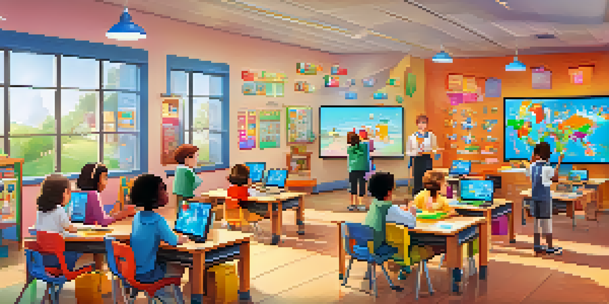A diverse group of students engaged in a lively classroom, participating in gamified language learning activities with colorful screens and a supportive teacher.