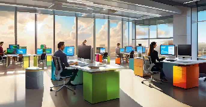 A bright modern office with a large screen showing a cloud computing dashboard, colorful virtual machine icons, and employees collaborating around a table.