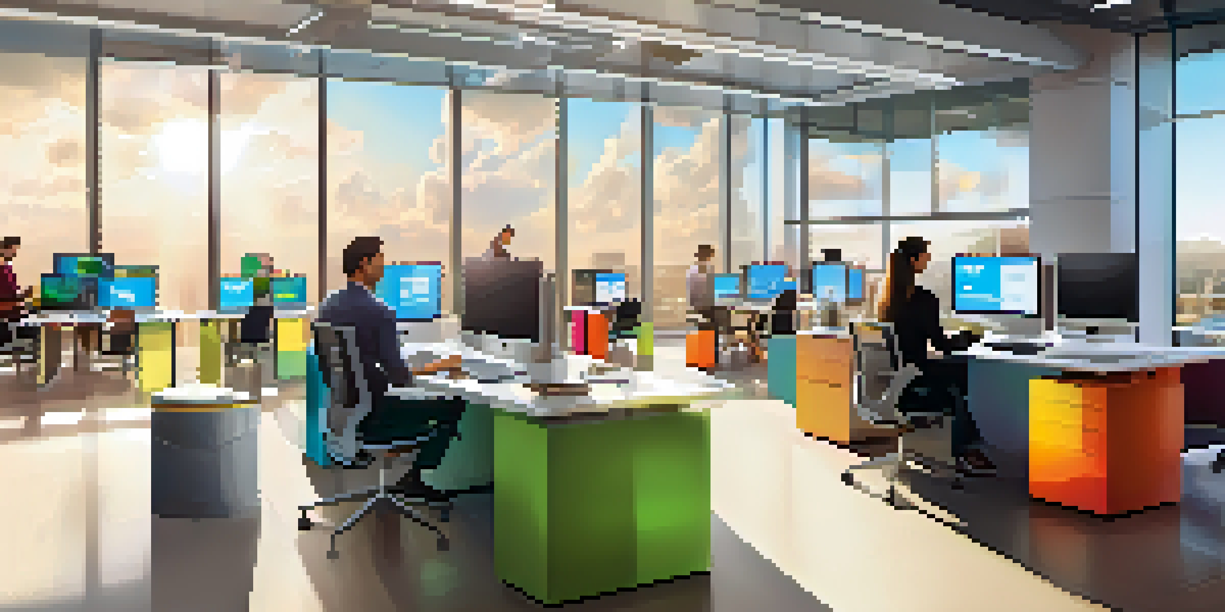 A bright modern office with a large screen showing a cloud computing dashboard, colorful virtual machine icons, and employees collaborating around a table.