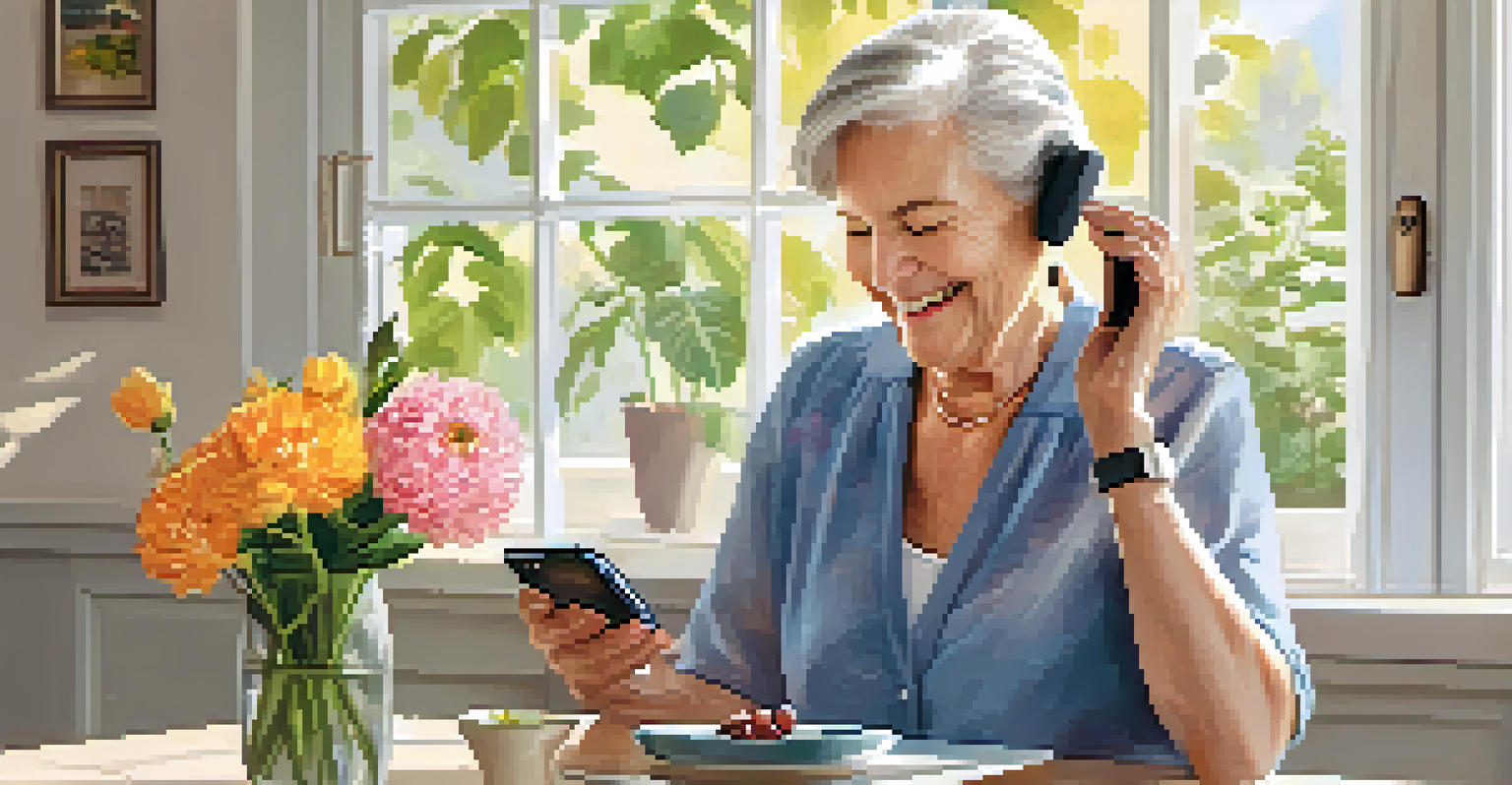 An elderly woman smiling as she uses her smartphone to adjust her Bluetooth hearing aid settings, with flowers and sunlight in the background.