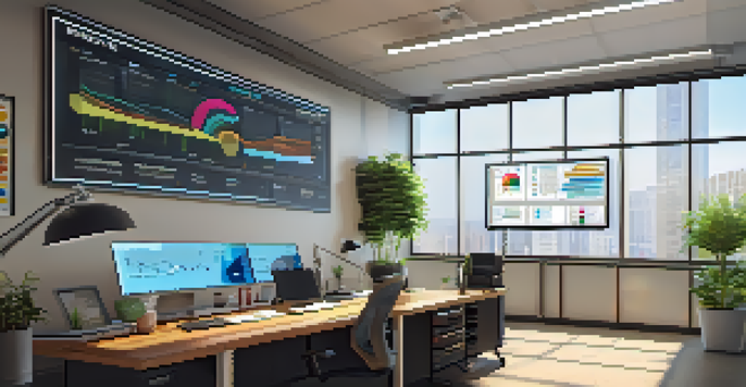 A modern office workspace with a large screen displaying colorful graphs and metrics related to supply chain KPIs, bright with sunlight and organized furniture.