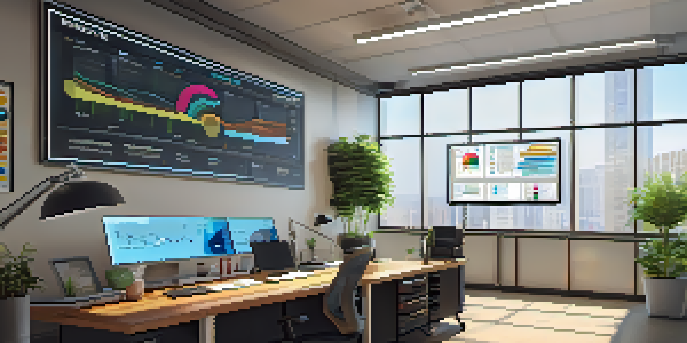 A modern office workspace with a large screen displaying colorful graphs and metrics related to supply chain KPIs, bright with sunlight and organized furniture.
