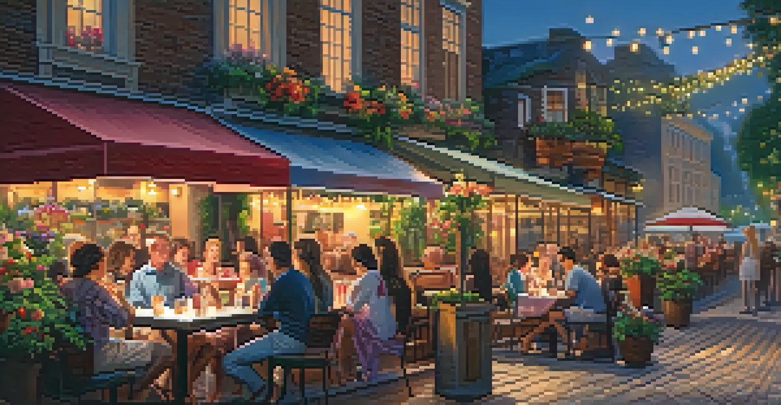 A charming outdoor café setting with tables, flowers, and people enjoying drinks in soft evening light.