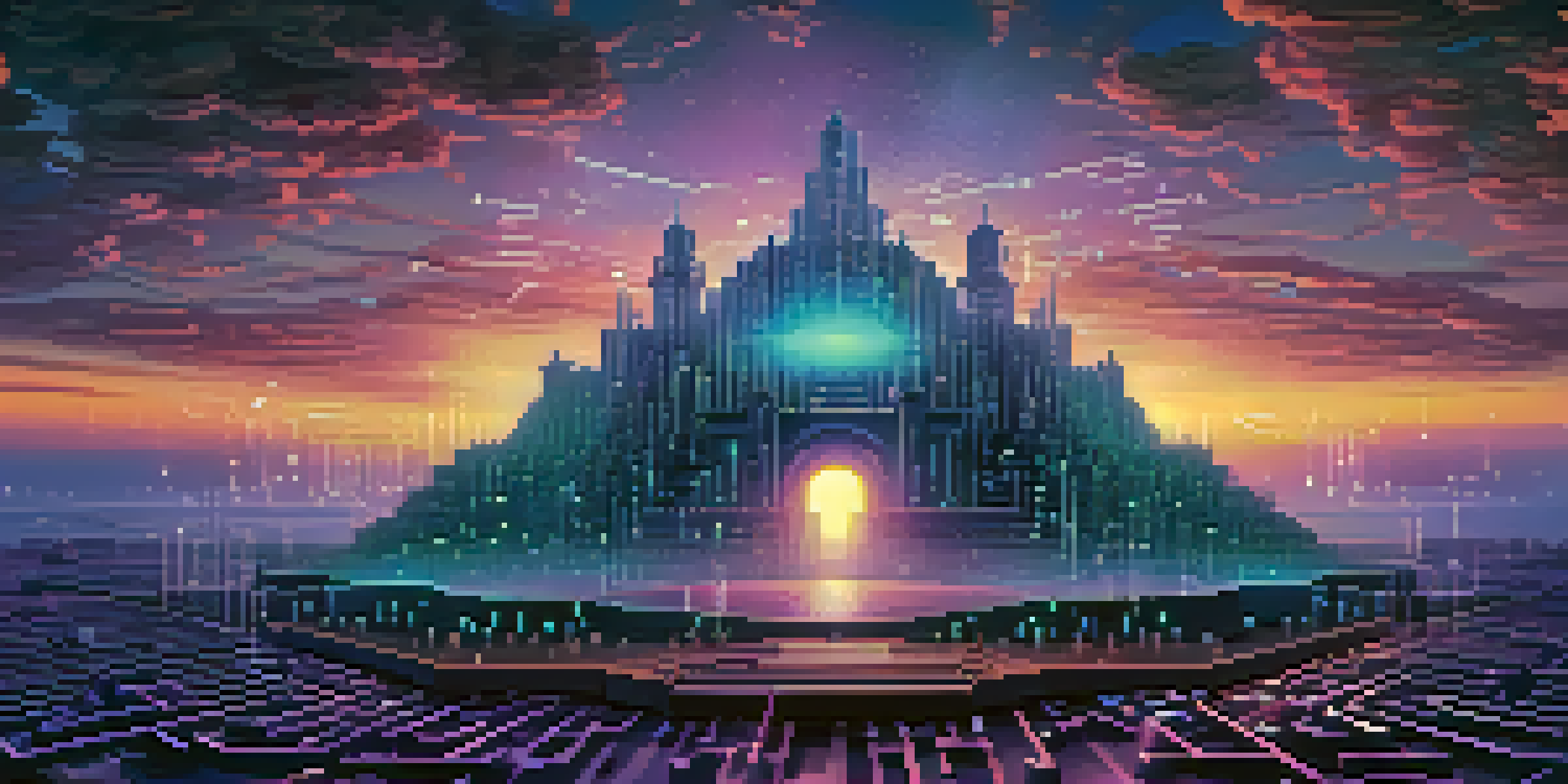 A serene digital landscape illustrating cloud security, with a futuristic fortress made of data streams, illuminated by a bright digital sun and surrounded by glowing clouds.