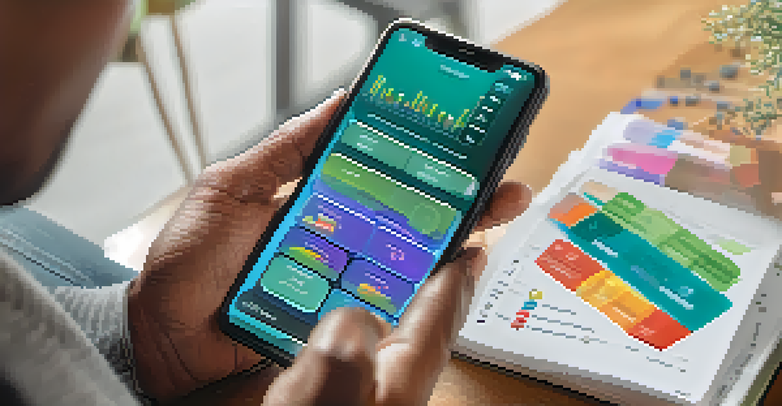 A close-up of a smartphone showing an investment app with charts, set against a person sitting in an armchair, looking at the app thoughtfully.