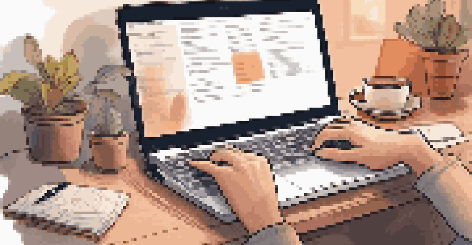 A cozy workspace showing hands typing on a laptop, with a notepad, pen, and a coffee mug, emphasizing the remote work environment.
