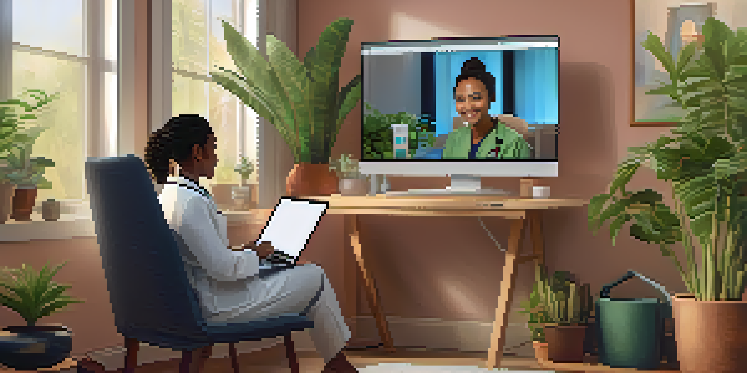 A doctor and patient having a telemedicine consultation over a laptop, with a warm and inviting room setting.