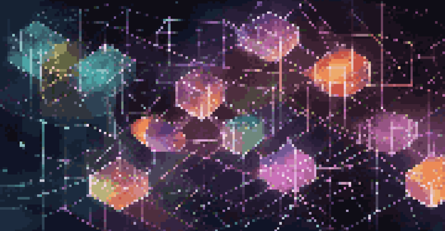A digital representation of a blockchain network with colorful interconnected blocks on a dark background.