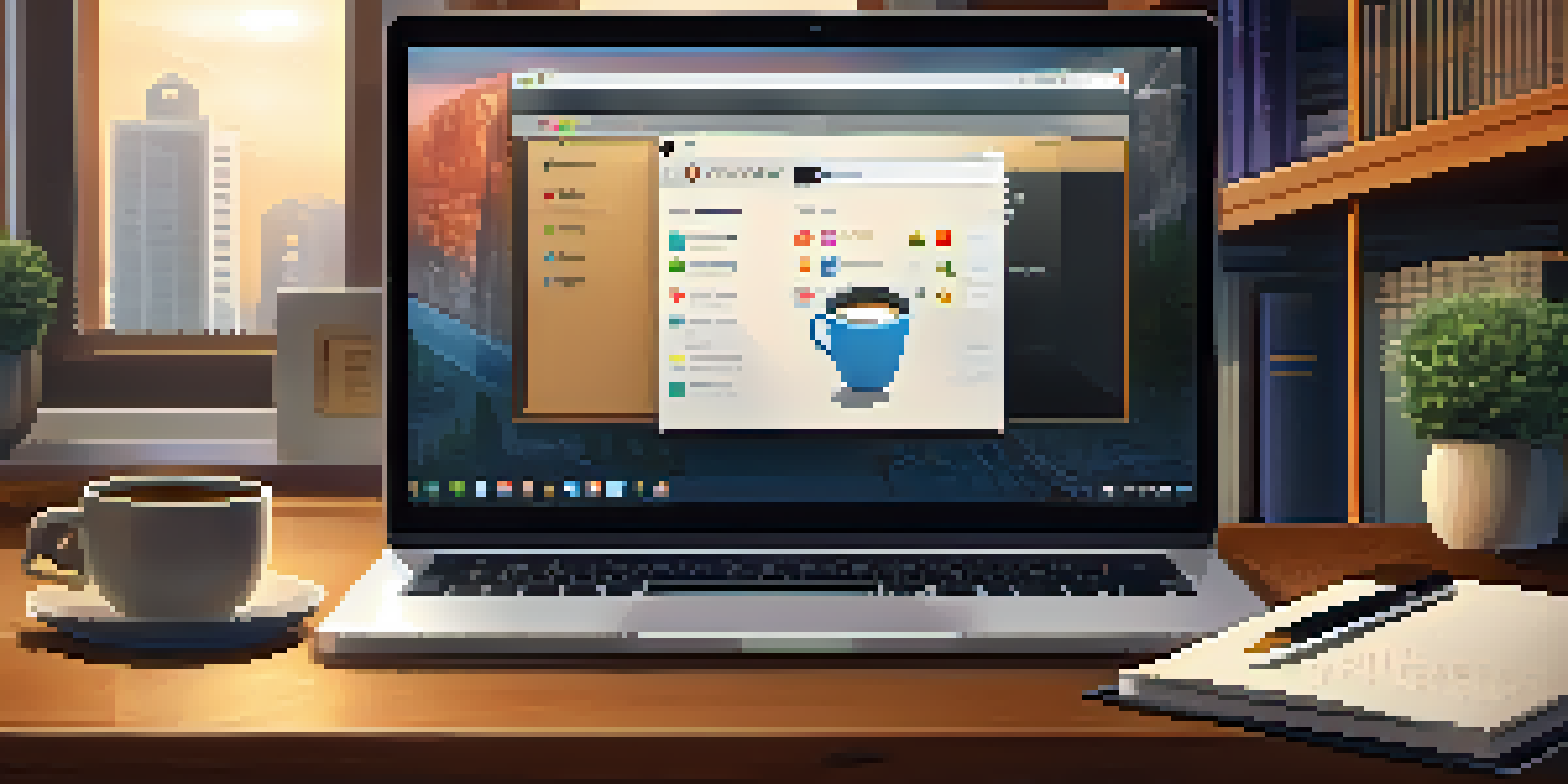 A modern secure browser interface on a laptop screen in a cozy home office with security icons and warm lighting.