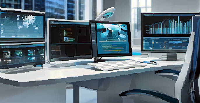 A modern office with a digital assistant on a computer screen, showing graphs and analytics, highlighting automation in a sleek environment.