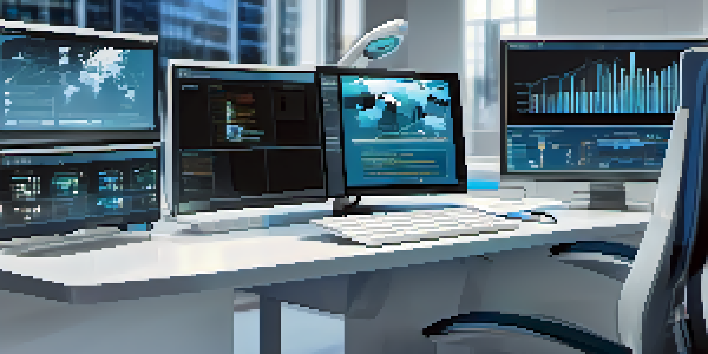 A modern office with a digital assistant on a computer screen, showing graphs and analytics, highlighting automation in a sleek environment.