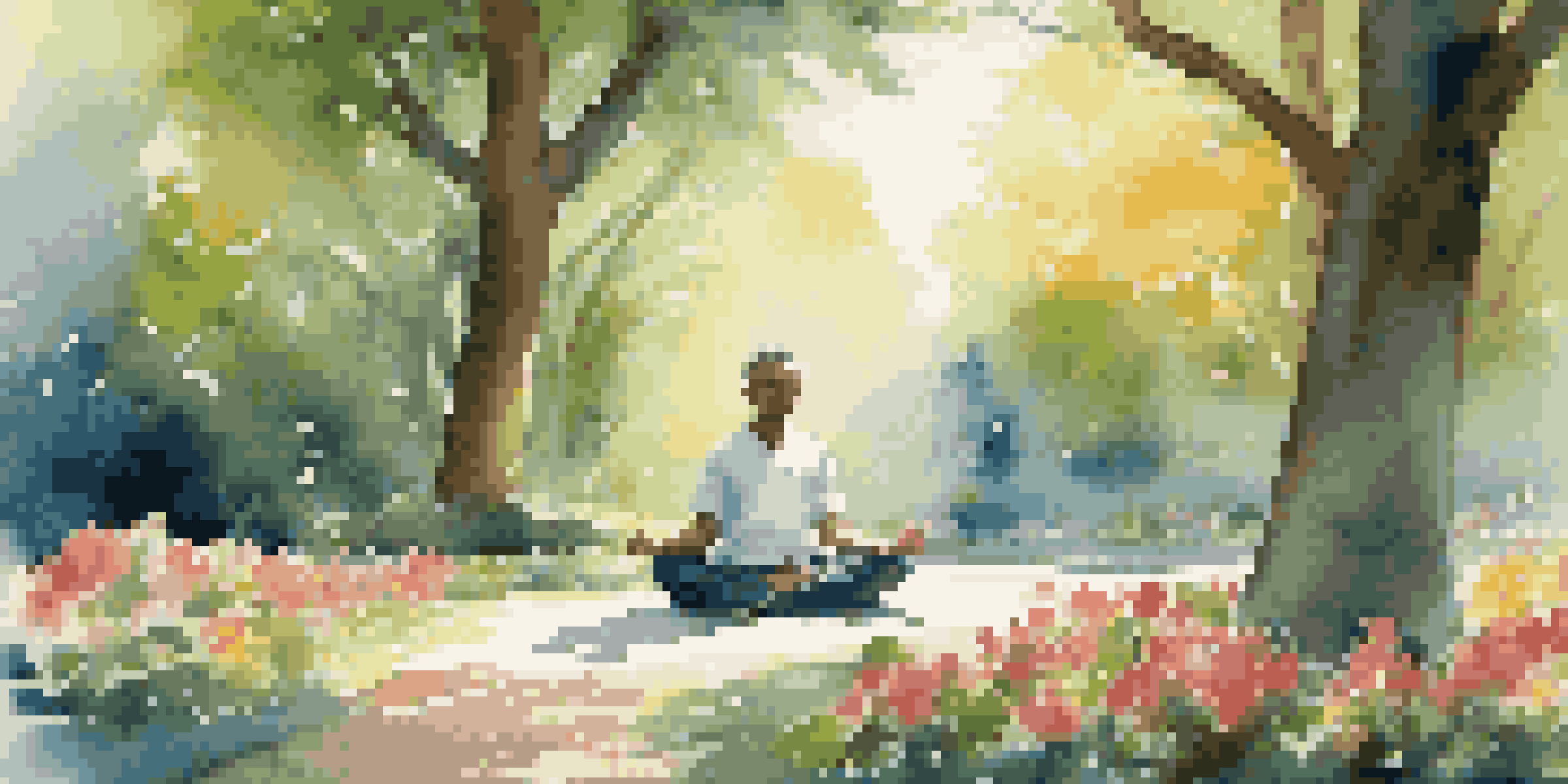 A person meditating in a peaceful park filled with greenery and flowers, with a smartwatch beside them.