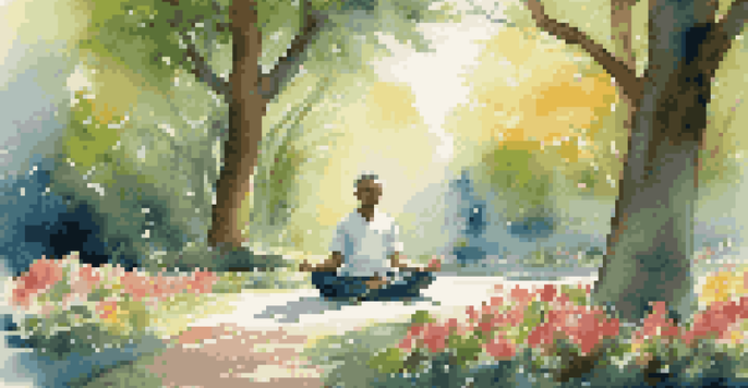 A person meditating in a peaceful park filled with greenery and flowers, with a smartwatch beside them.