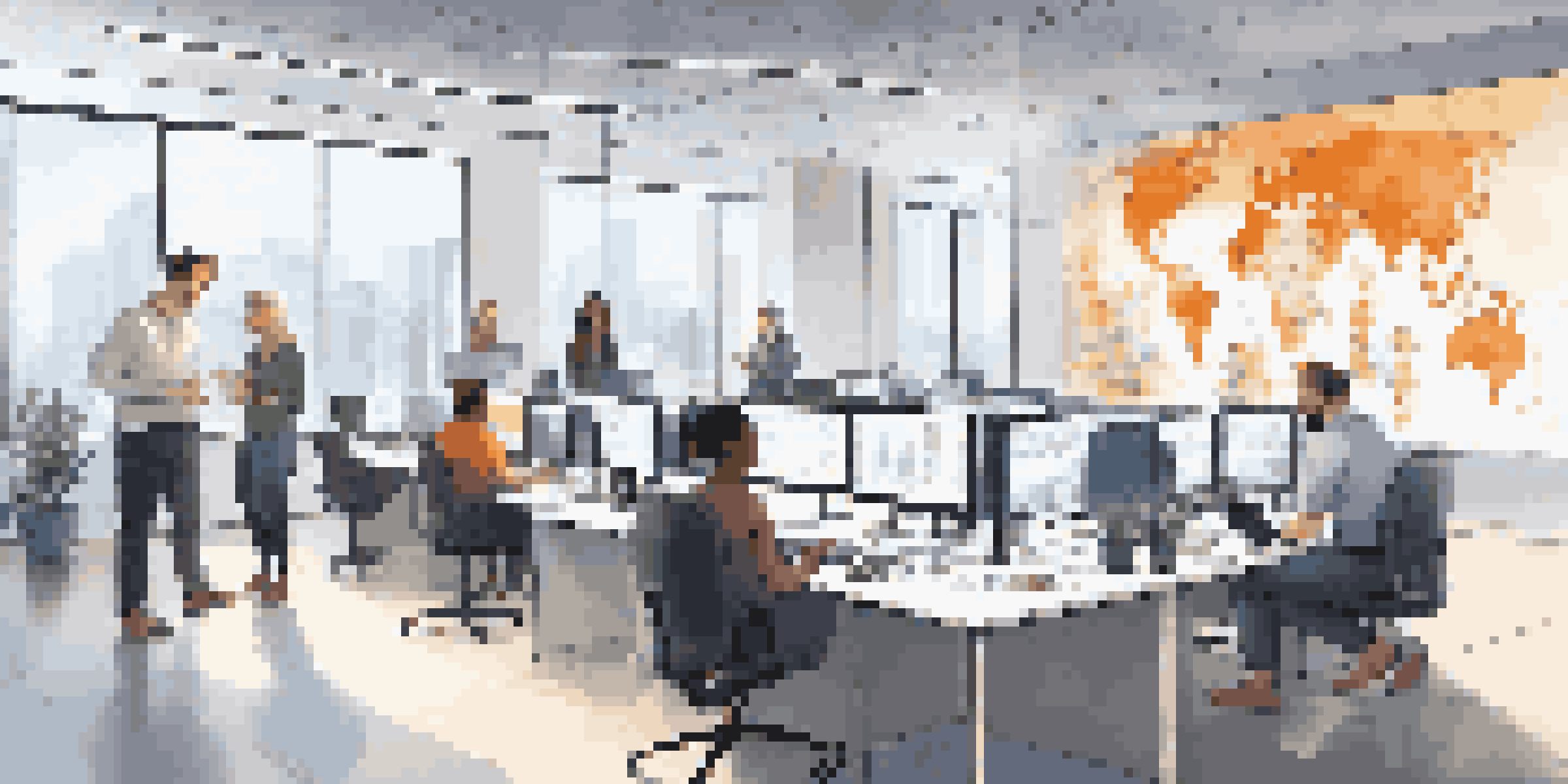 A diverse team of professionals working together in a modern office, analyzing microservices architecture diagrams on screens.