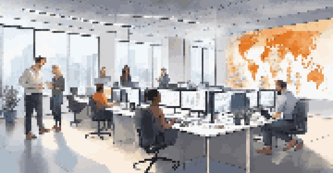 A diverse team of professionals working together in a modern office, analyzing microservices architecture diagrams on screens.