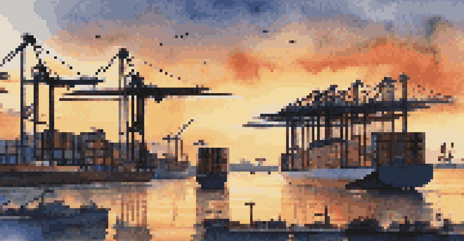 A shipping container port at sunrise with stacked containers and cranes silhouetted against the sky.