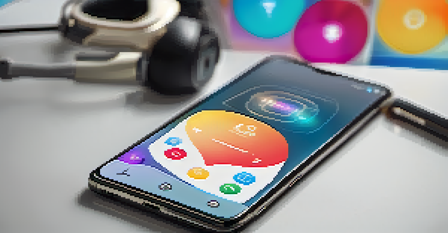 A smartphone showing a vibrant app interface surrounded by tech gadgets on a minimalist desk, with a blurred background.