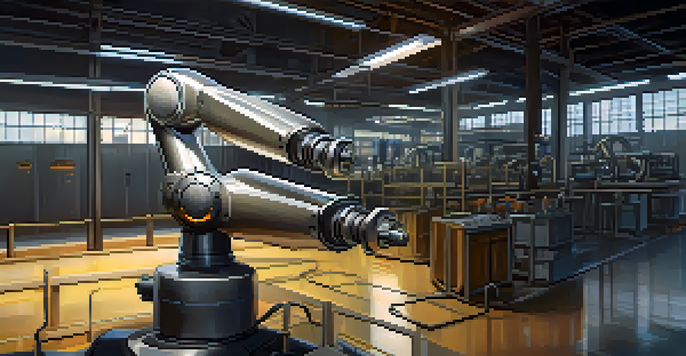 An industrial robot arm in a factory, processing information in real-time.