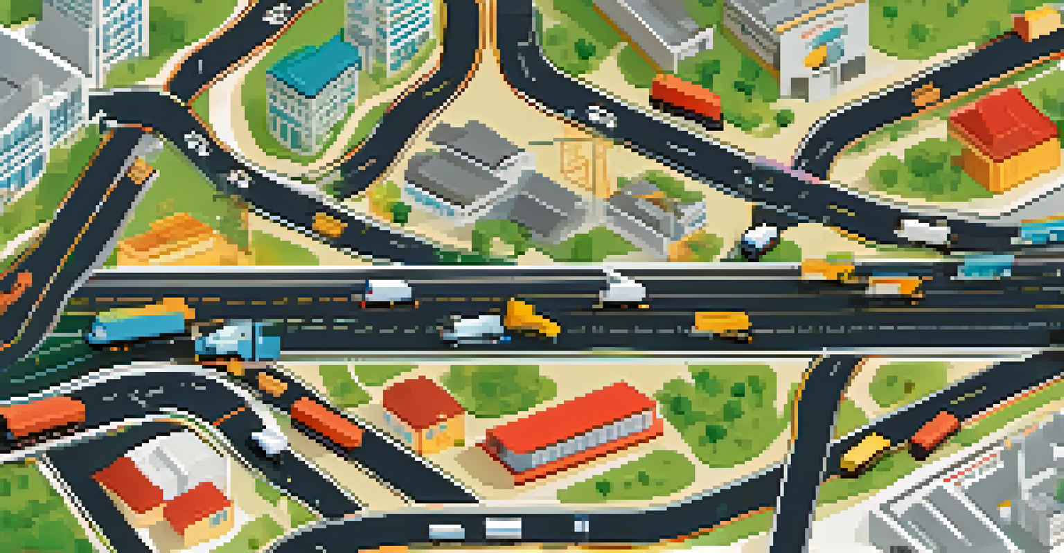 An aerial view of a digital logistics map showing delivery routes and trucks, highlighting the real-time analytics in e-commerce supply chains.