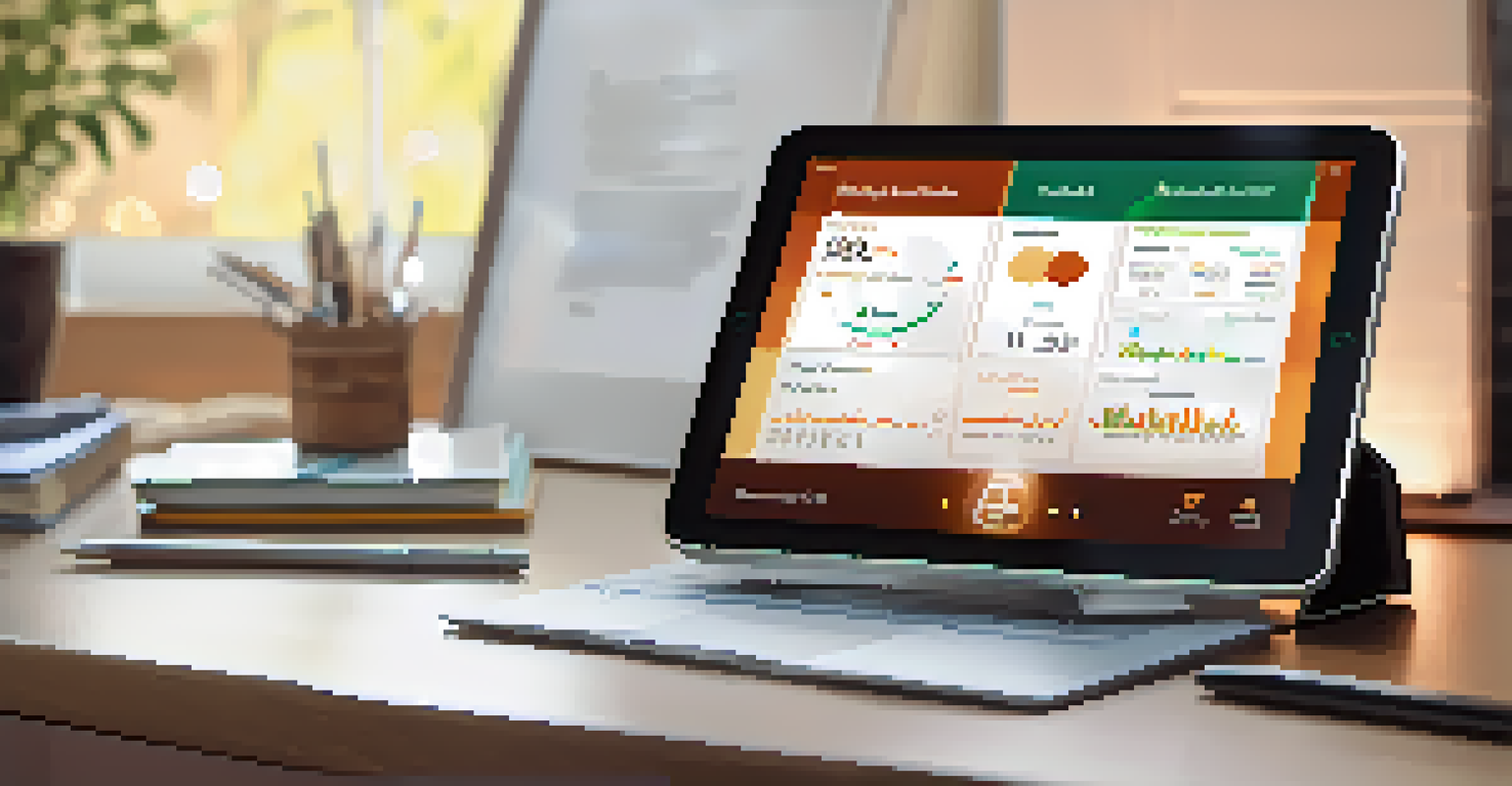 A digital tablet showing an AI financial advisory interface with graphs and recommendations in a cozy home office.
