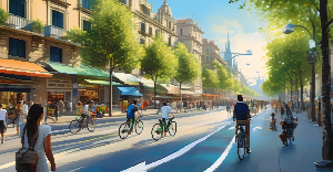 A vibrant urban scene in Barcelona showing smart streetlights, green parks, and people using mobile apps, emphasizing modern technology and sustainability.