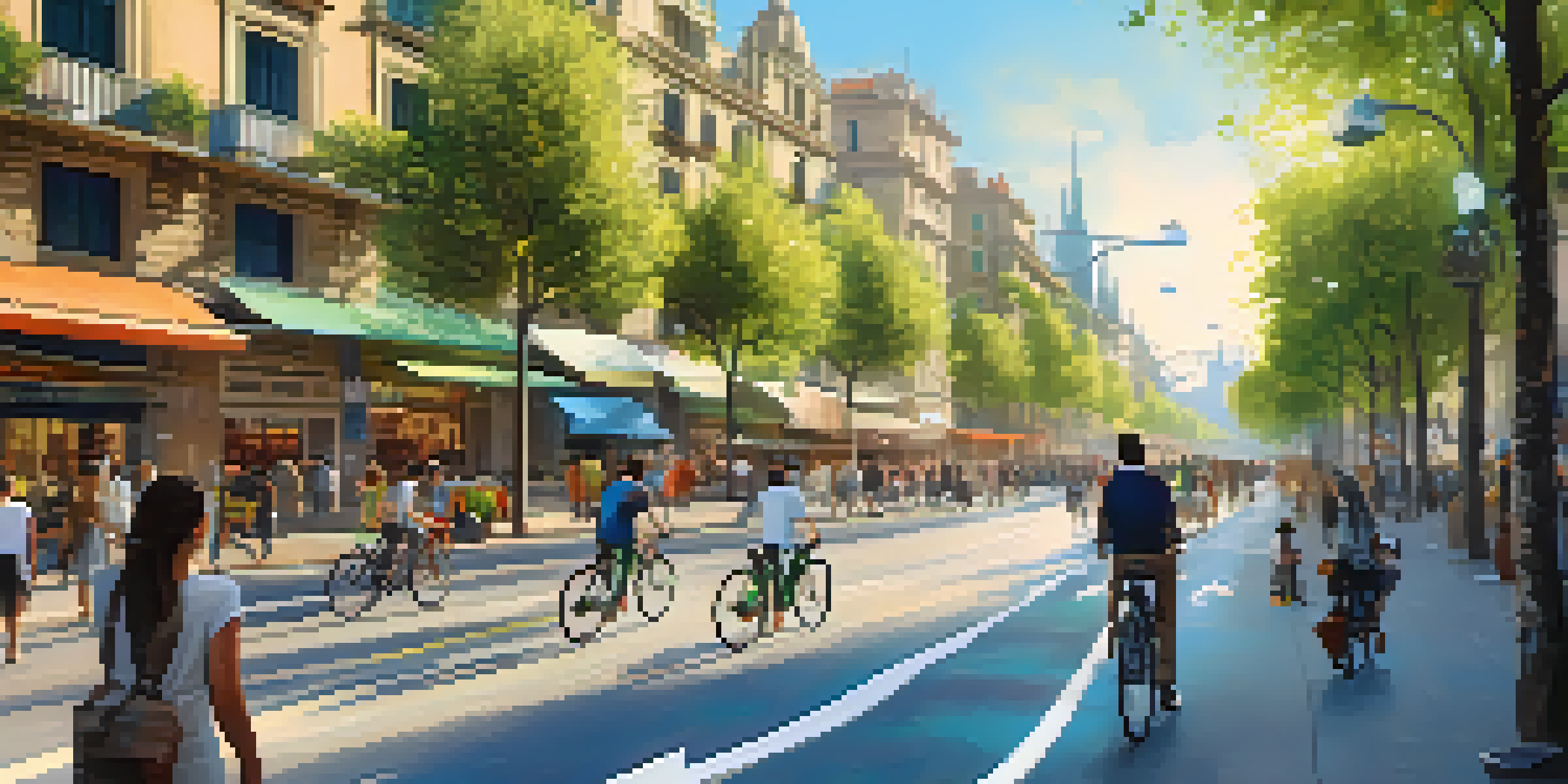 A vibrant urban scene in Barcelona showing smart streetlights, green parks, and people using mobile apps, emphasizing modern technology and sustainability.