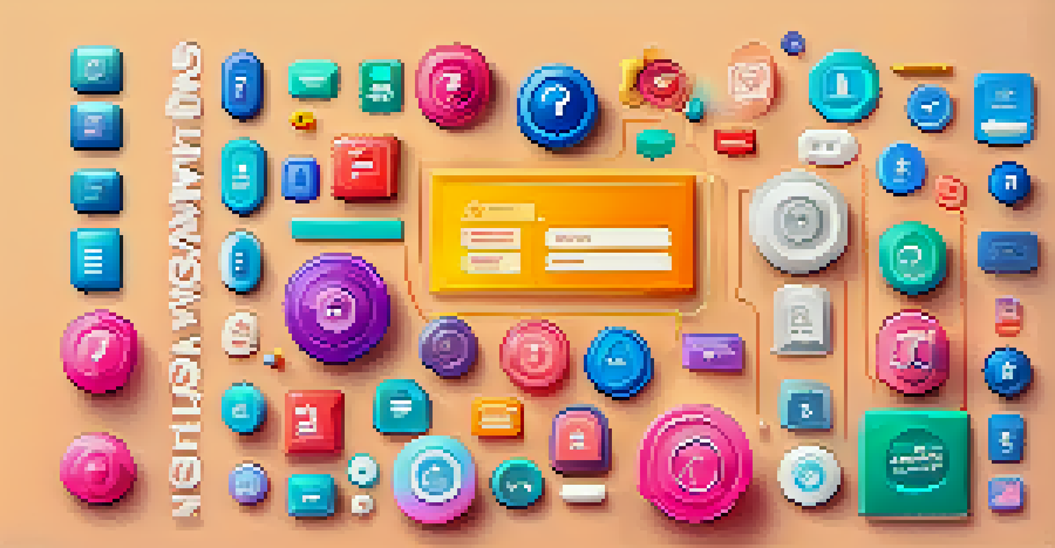 A digital marketing layout displaying colorful call-to-action buttons with inviting phrases on a soft gradient background.